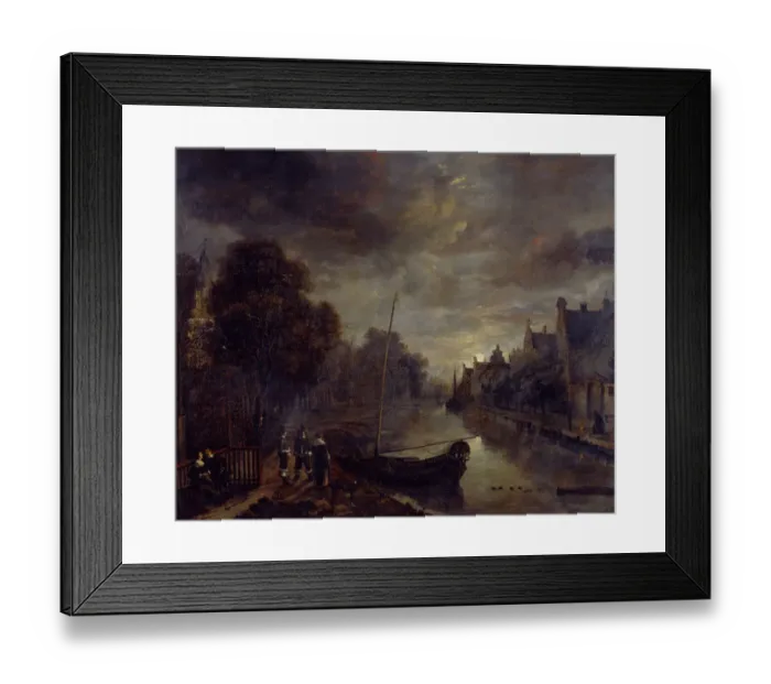 Framed Print : Van Der Neer - Canal in a Dutch Town by Moonlight J950099