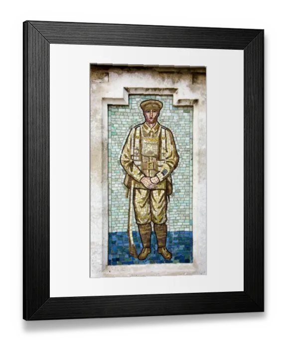 Framed Print : War Memorial, High Street, Ledbury, Herefordshire. Mosaic tiles depicting a WW1 soldier Framed Print : War Memorial, High Street, Ledbury, Herefordshire. Mosaic tiles depicting a WW1 soldier