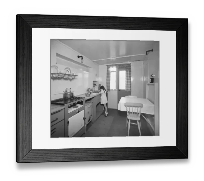 Framed Print : Girl in prefab kitchen P_H00049_007