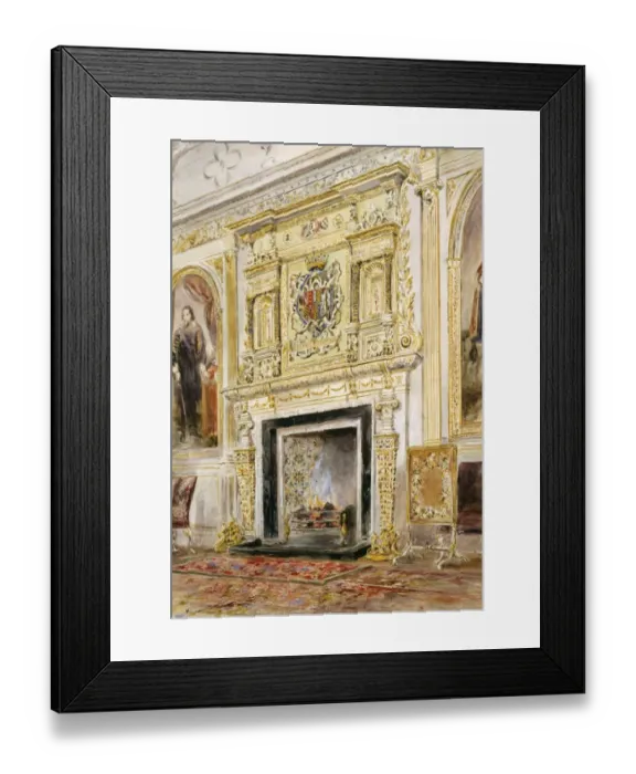Framed Print : Watercolour of the saloon fireplace, Audley End House K991255
