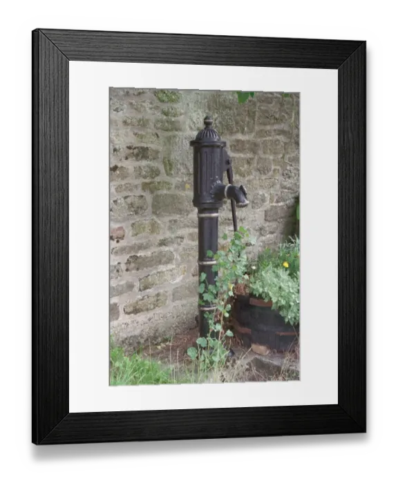 Framed Print : Pump. Mid C19 cast iron pump with a long curved handle and spout. IoE 399999