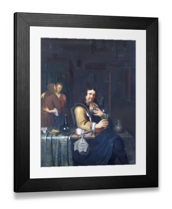 Framed Print : Mieris - Cavalier drinking and a couple embracing N070498