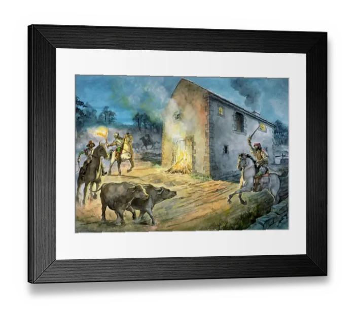 Framed Print : Reivers raiding Birdoswald in the 16th century J050057 Framed Print : Reivers raiding Birdoswald in the 16th century J050057
