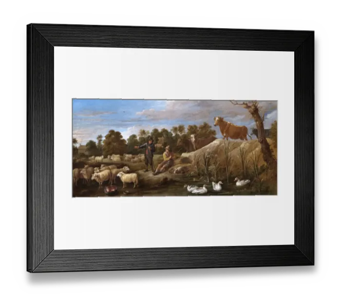 Framed Print : Teniers - Landscape with two shepherds, cattle and ducks N070553