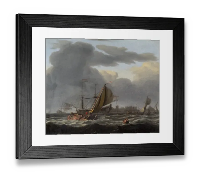 Framed Print : Bakhuizen - A Warship at Anchor in a Rough Sea N070527