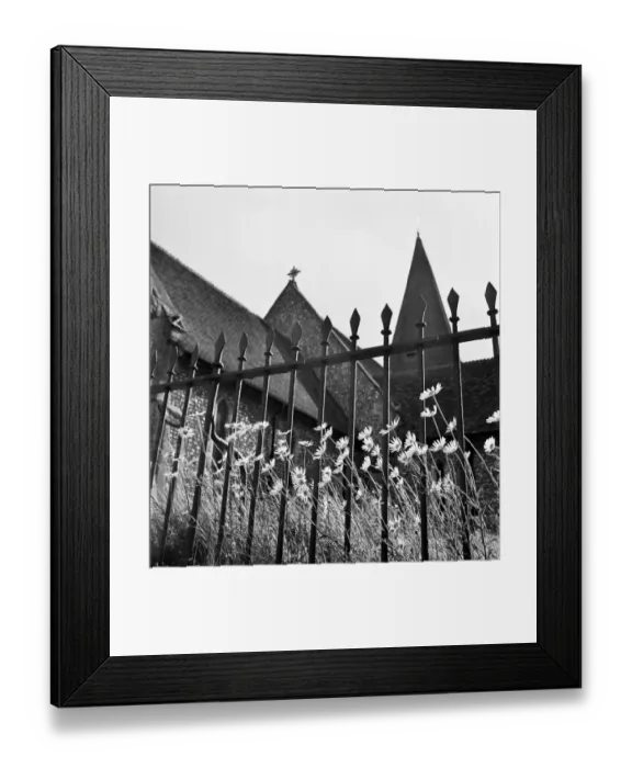 Framed Print : Church, railings and daisies a069857 Framed Print : Church, railings and daisies a069857