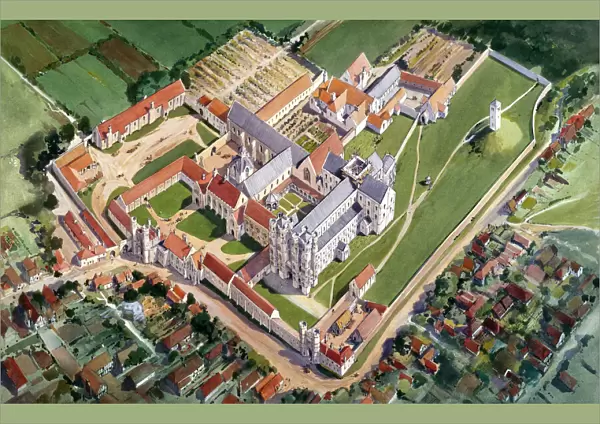 Aerial view reconstruction drawing, St Augustines Abbey J920596
