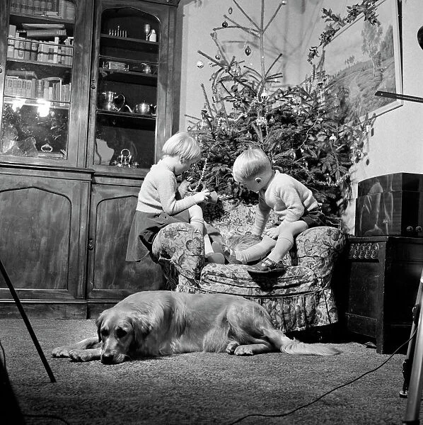 Christmas a075706. Christmas time. A domestic interior with twins sitting