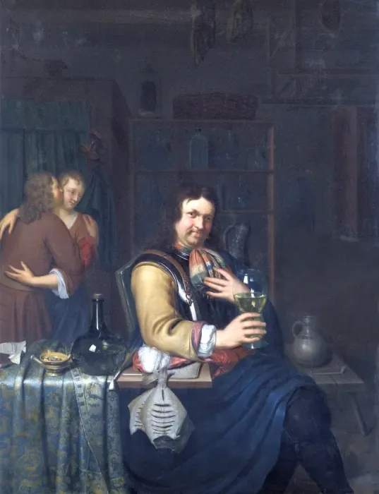 Framed Print : Mieris - Cavalier drinking and a couple embracing N070498