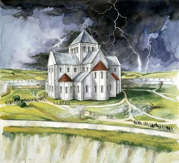 Old Sarum J030107. OLD SARUM, Wiltshire. A reconstruction drawing by Peter Dunn