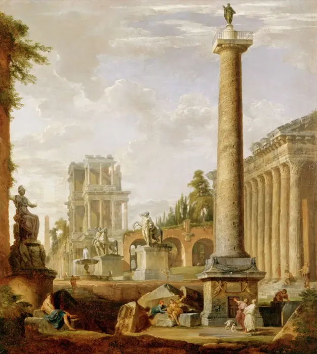 Framed Print : Panini - Capriccio of Roman ruins with Trajans Column J880470