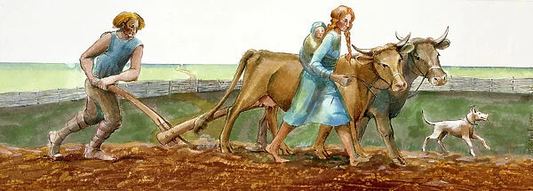 Ploughing J910038. Reconstruction drawing of family ploughing during the