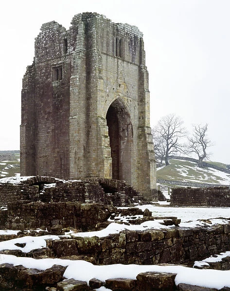 Shap Abbey K060281. SHAP ABBEY, Cumbria. View of the west tower in the snow
