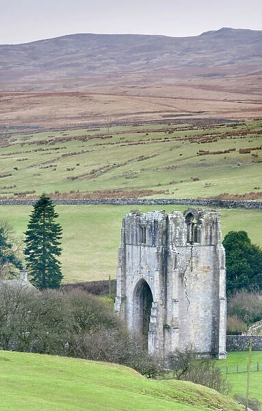 Shap Abbey N090047. SHAP ABBEY, Cumbria. View of the West Tower and surrounding moorland