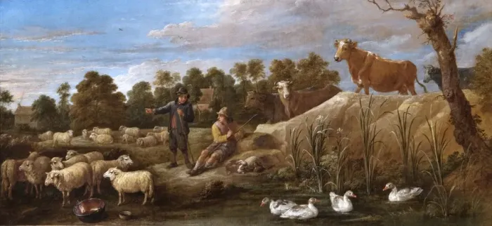 Framed Print : Teniers - Landscape with two shepherds, cattle and ducks N070553