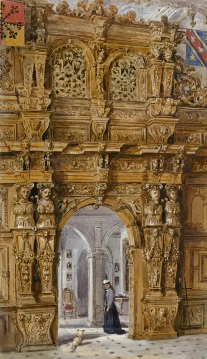 Framed Print : Watercolour of Great Hall screen, Audley End House K991257
