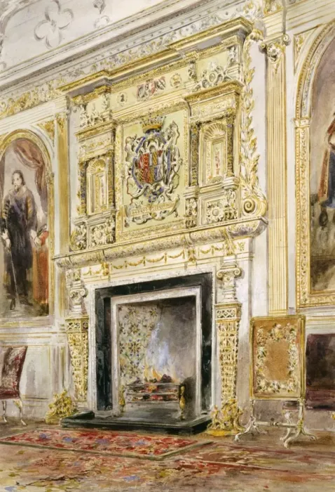 Framed Print : Watercolour of the saloon fireplace, Audley End House K991255