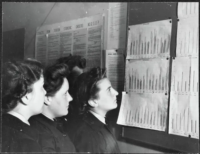Framed Print : Women's Auxiliary Air Force trainees examining progress charts chp01_07_01_108 Framed Print : Women's Auxiliary Air Force trainees examining progress charts chp01_07_01_108