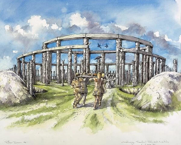 Woodhenge J040097. WOODHENGE, Wiltshire. Reconstruction drawing by Peter Dunn