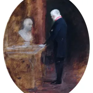 Print of the Duke of Wellington looking at a bust of Napoleon
