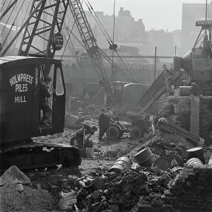 Print of a crane working on the Barbican Estate redevelopment