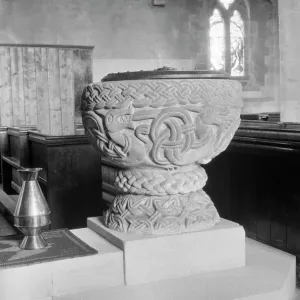 Norman Font Print: Decorative Carvings of St Cassian's Church