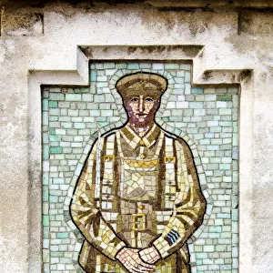 War Memorial, High Street, Ledbury, Herefordshire. Mosaic tiles depicting a WW1 soldier