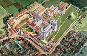 Abbey Collection: Aerial view reconstruction drawing, St Augustines Abbey J920596