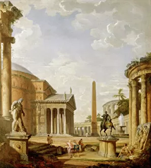Painting Collection: Panini - Capriccio of Roman ruins with the Pantheon J880469