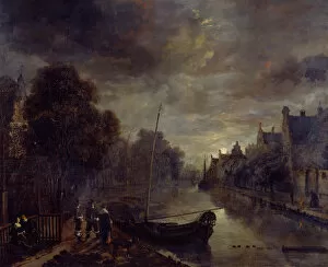 Dutch Collection: Van Der Neer - Canal in a Dutch Town by Moonlight J950099