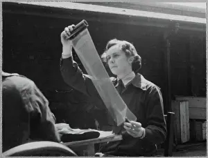 Second World War Prints: A Women's Auxiliary Air Force (WAAF) trainee examining a roll of photographic film chp01_07_01_058